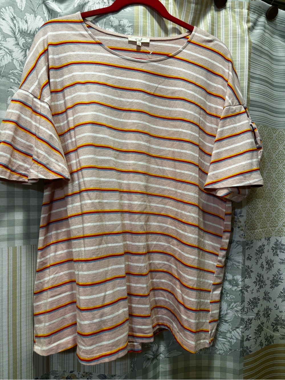 Casual Striped Ruffle-Sleeve Men’s Shirt - Beige with Orange & Navy Stripes